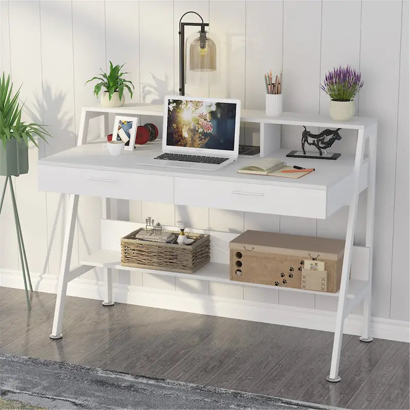 47 inch Computer Desk with Drawers, Office Writing Desk with Shelves