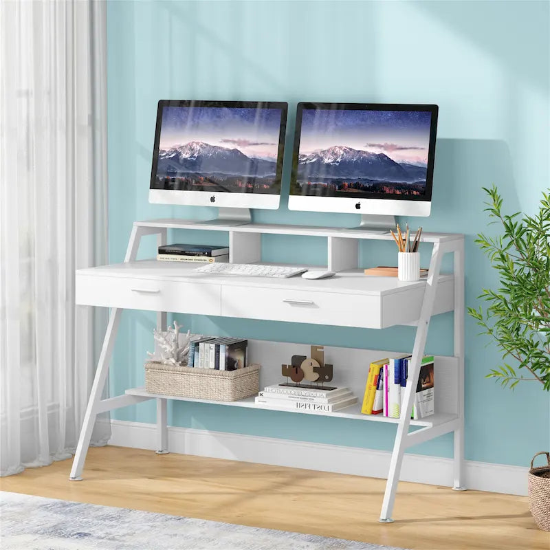 47 inch Computer Desk with Drawers, Office Writing Desk with Shelves
