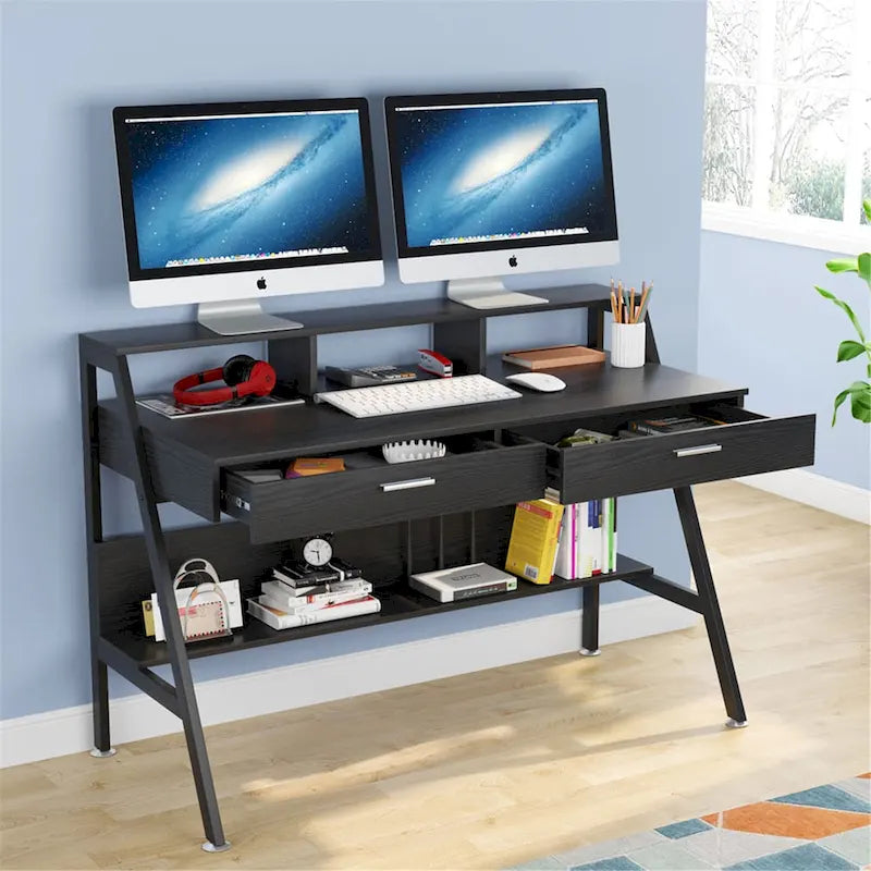 47 inch Computer Desk with Drawers, Office Writing Desk with Shelves
