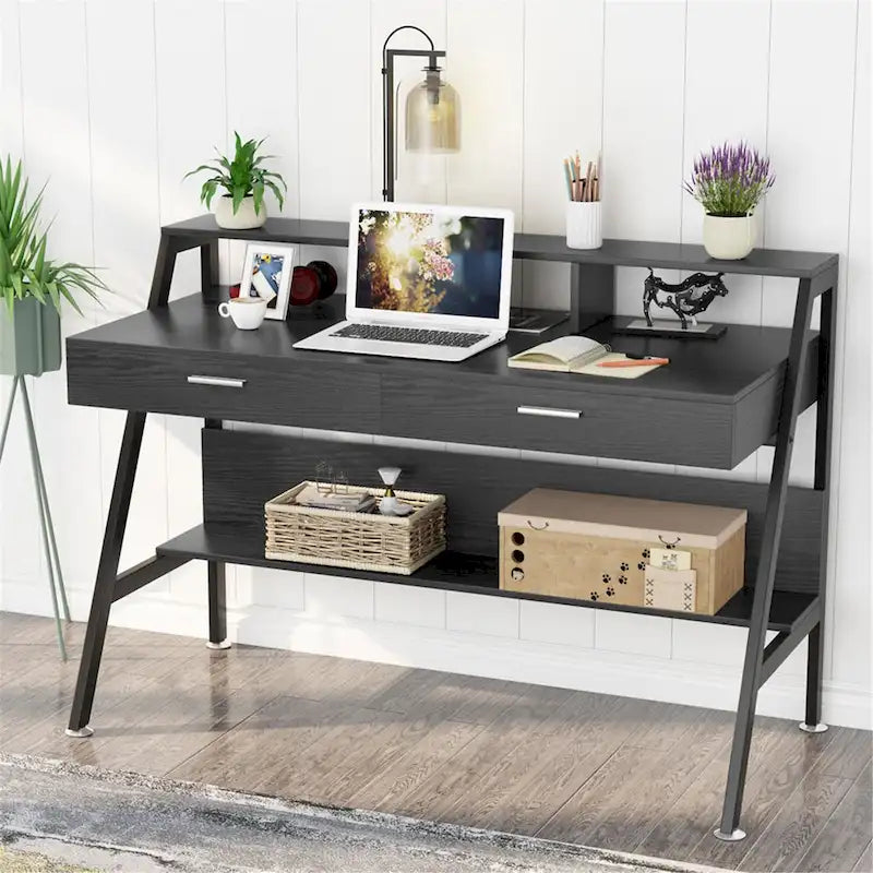 47 inch Computer Desk with Drawers, Office Writing Desk with Shelves