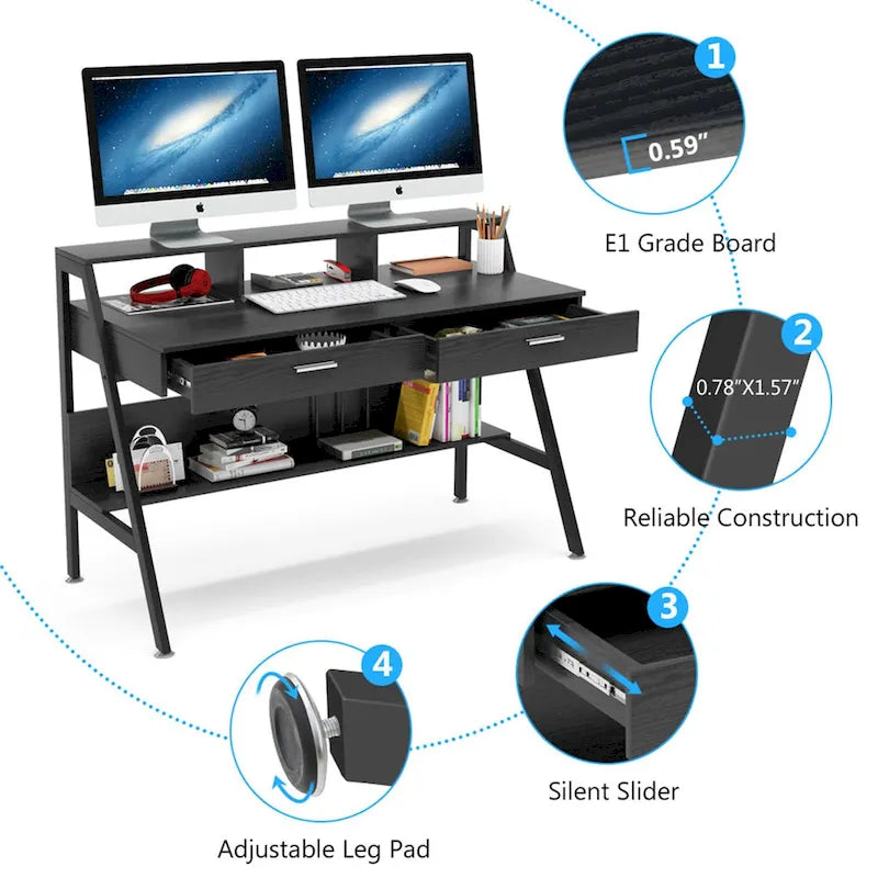 47 inch Computer Desk with Drawers, Office Writing Desk with Shelves