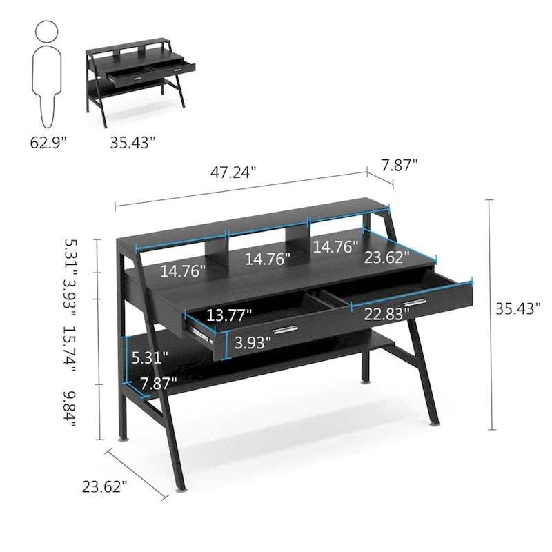 47 inch Computer Desk with Drawers, Office Writing Desk with Shelves