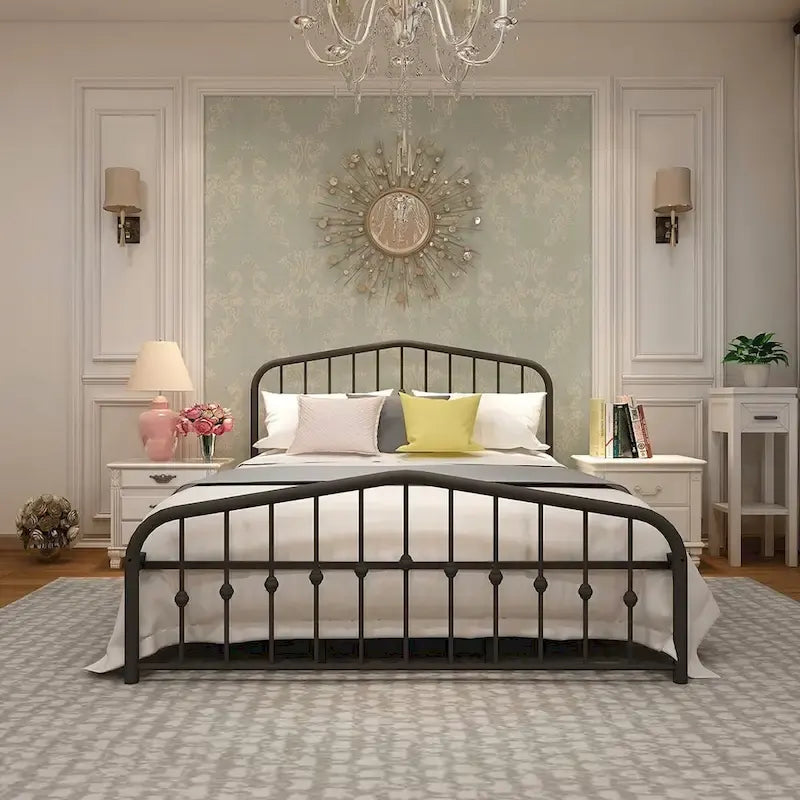 Platform Metal Bed Frame with Headboard, Iron Slat Support