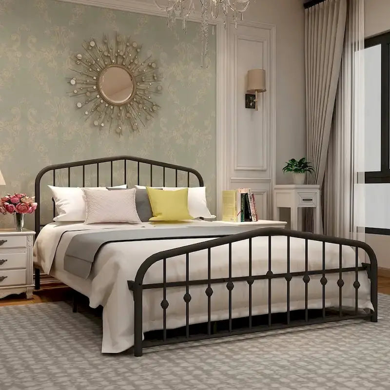 Platform Metal Bed Frame with Headboard, Iron Slat Support