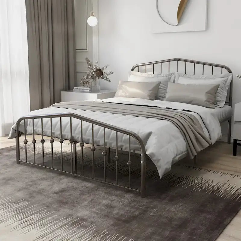 Platform Metal Bed Frame with Headboard, Iron Slat Support
