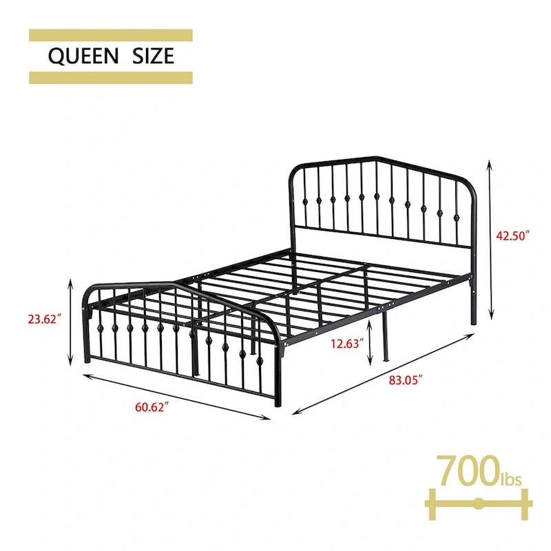 Platform Metal Bed Frame with Headboard, Iron Slat Support