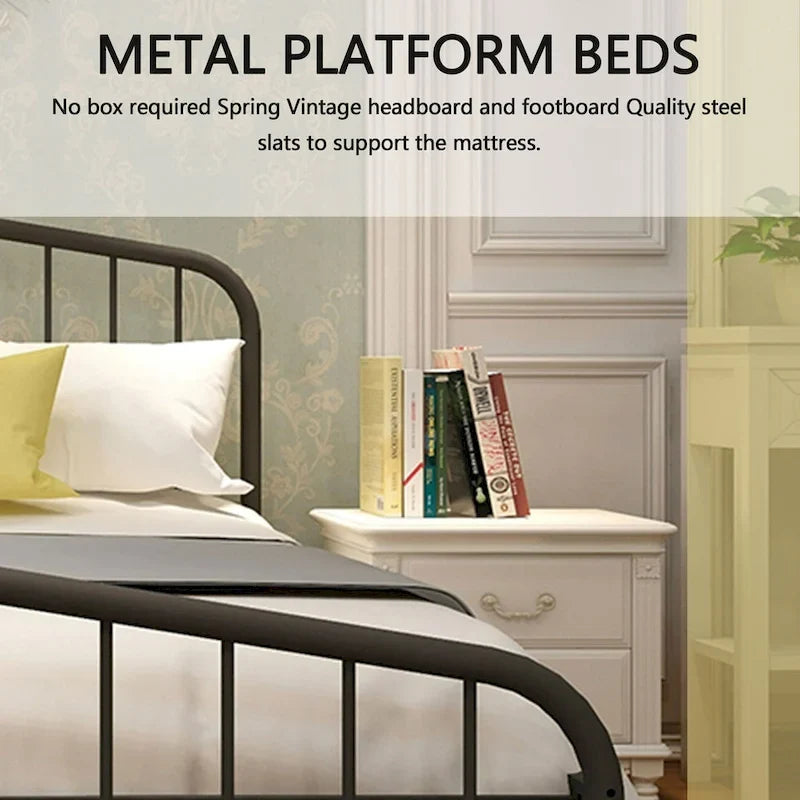 Platform Metal Bed Frame with Headboard, Iron Slat Support