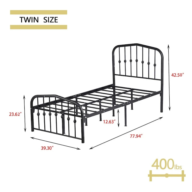 Platform Metal Bed Frame with Headboard, Iron Slat Support