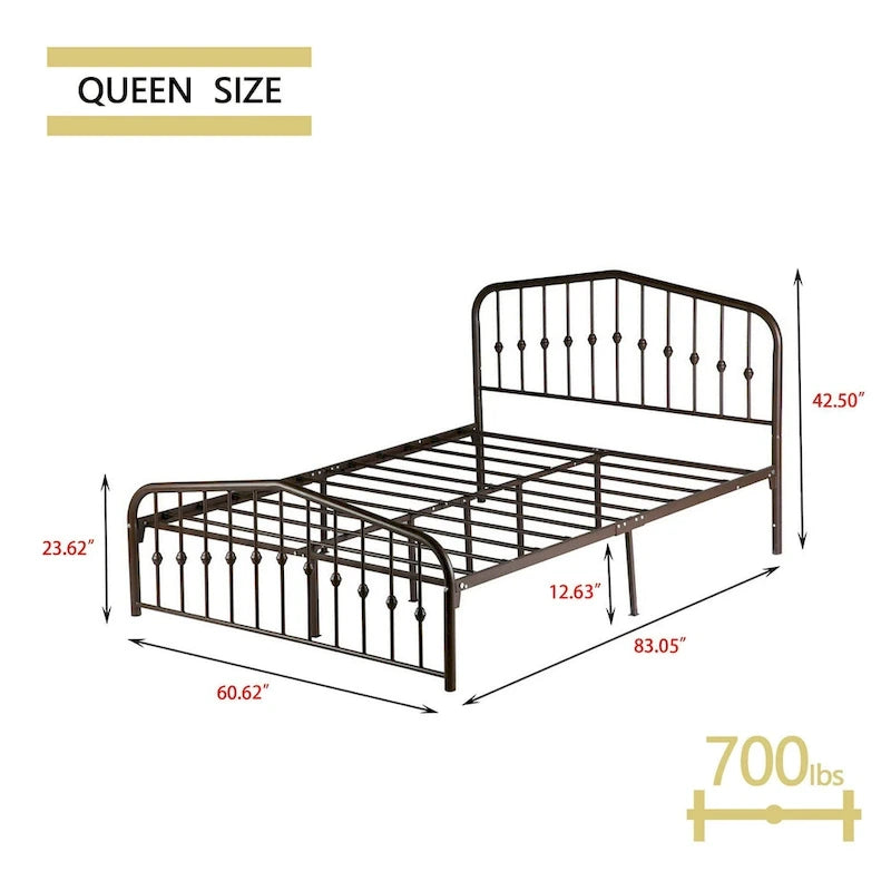 Platform Metal Bed Frame with Headboard, Iron Slat Support