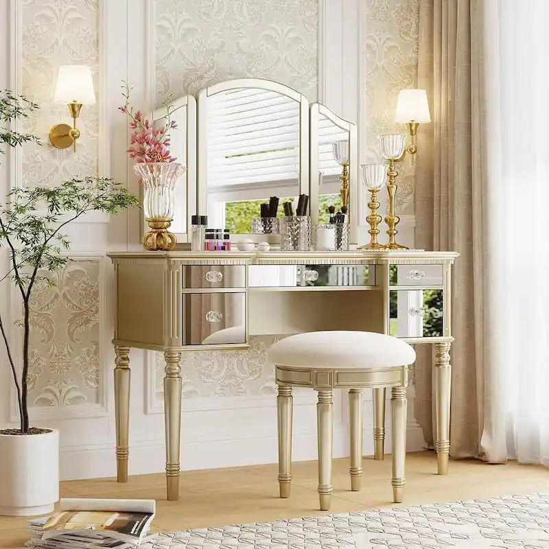  Makeup Vanity Table, 5 Drawers, Foldable Mirror, Stool Included