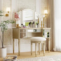  Makeup Vanity Table, 5 Drawers, Foldable Mirror, Stool Included