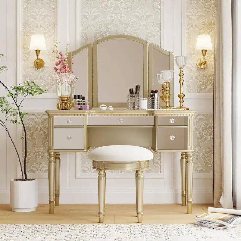 Makeup Vanity Table, 5 Drawers, Foldable Mirror, Stool Included