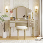 Makeup Vanity Table, 5 Drawers, Foldable Mirror, Stool Included
