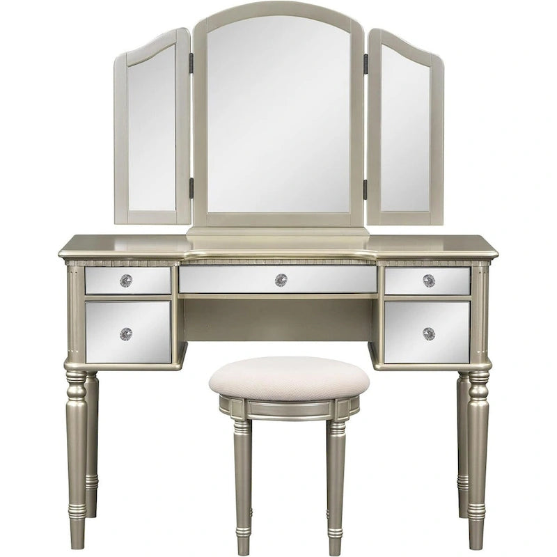 Makeup Vanity Table, 5 Drawers, Foldable Mirror, Stool Included