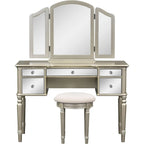 Makeup Vanity Table, 5 Drawers, Foldable Mirror, Stool Included