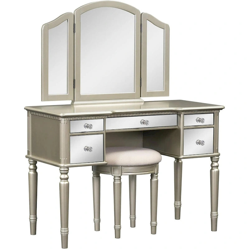 Makeup Vanity Table, 5 Drawers, Foldable Mirror, Stool Included