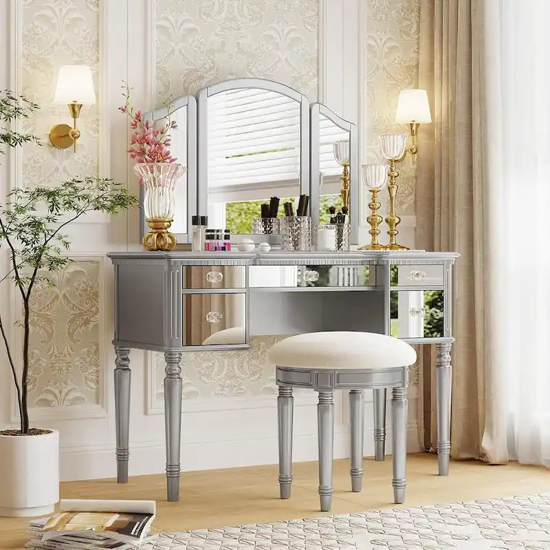 Makeup Vanity Table, 5 Drawers, Foldable Mirror, Stool Included