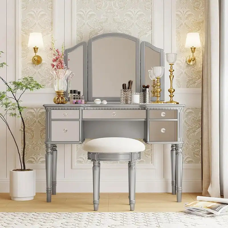 Makeup Vanity Table, 5 Drawers, Foldable Mirror, Stool Included