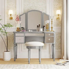 Makeup Vanity Table, 5 Drawers, Foldable Mirror, Stool Included