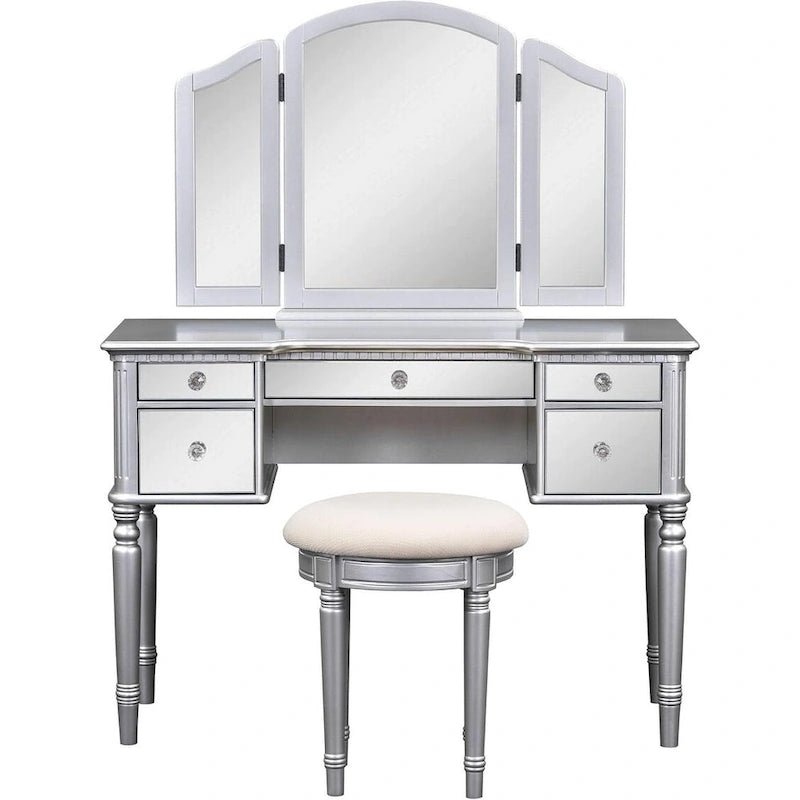 Makeup Vanity Table, 5 Drawers, Foldable Mirror, Stool Included