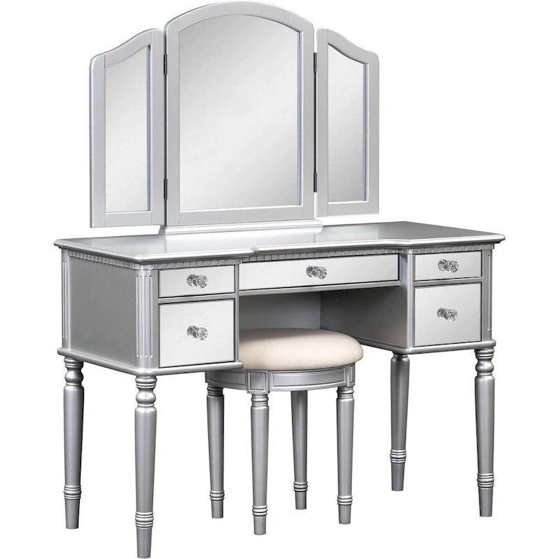 Makeup Vanity Table, 5 Drawers, Foldable Mirror, Stool Included