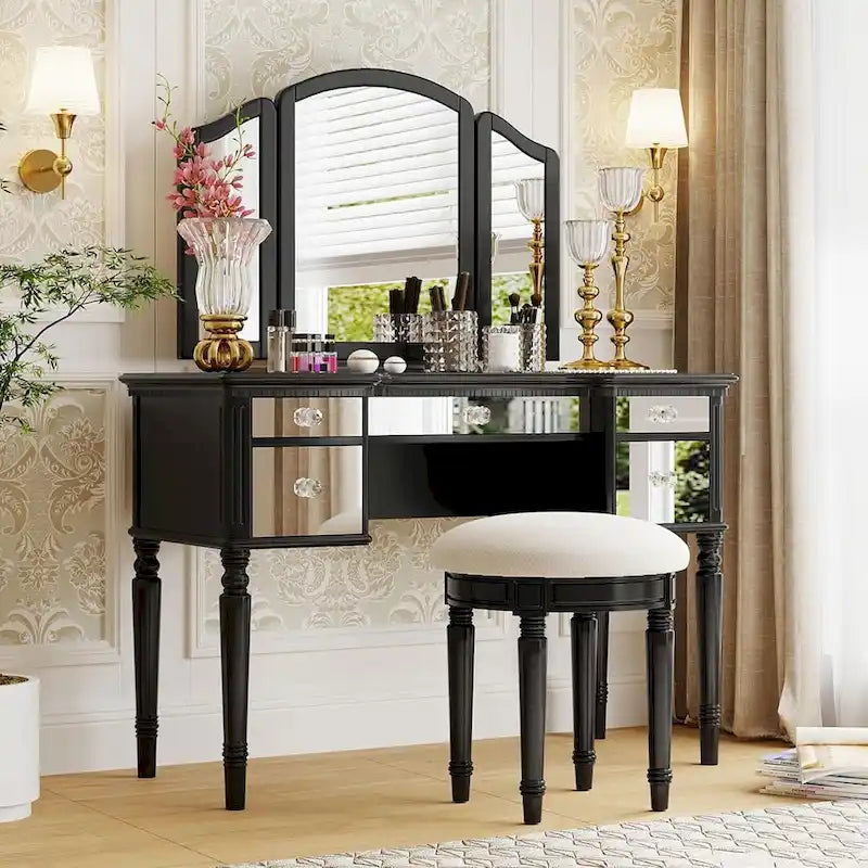 Makeup Vanity Table, 5 Drawers, Foldable Mirror, Stool Included