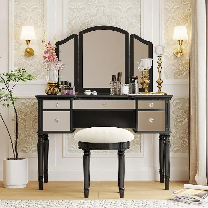 Makeup Vanity Table, 5 Drawers, Foldable Mirror, Stool Included