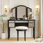 Makeup Vanity Table, 5 Drawers, Foldable Mirror, Stool Included