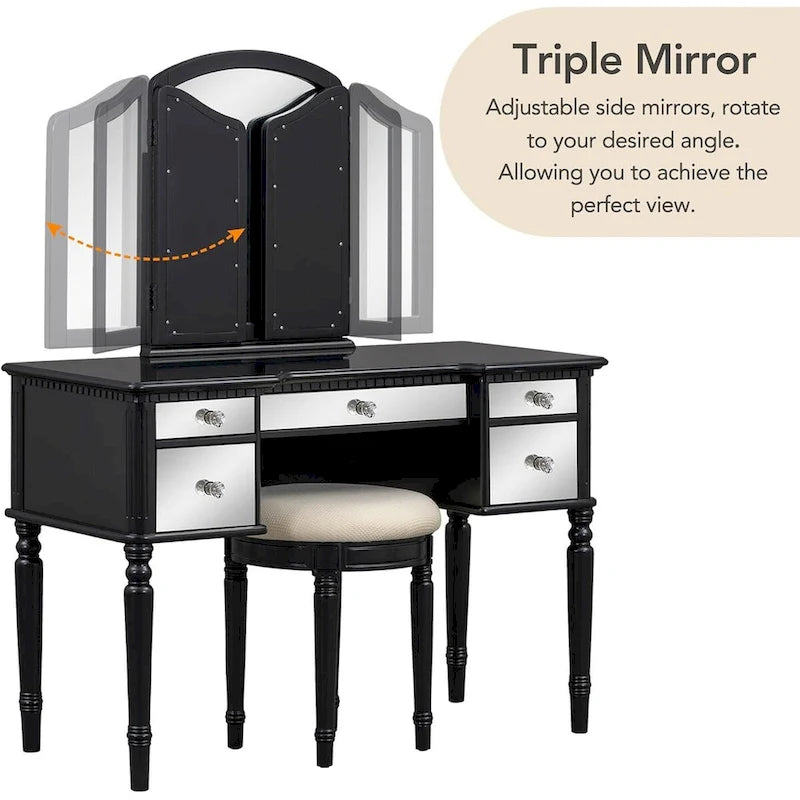 Makeup Vanity Table, 5 Drawers, Foldable Mirror, Stool Included