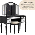 Makeup Vanity Table, 5 Drawers, Foldable Mirror, Stool Included