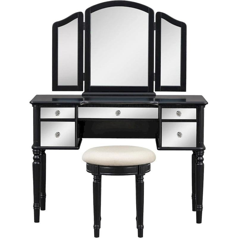 Makeup Vanity Table, 5 Drawers, Foldable Mirror, Stool Included
