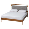 Mid-Century Light Grey Boucle Fabric and Walnut Brown Wood Queen Size Platform Bed