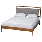 Mid-Century Light Grey Boucle Fabric and Walnut Brown Wood Queen Size Platform Bed
