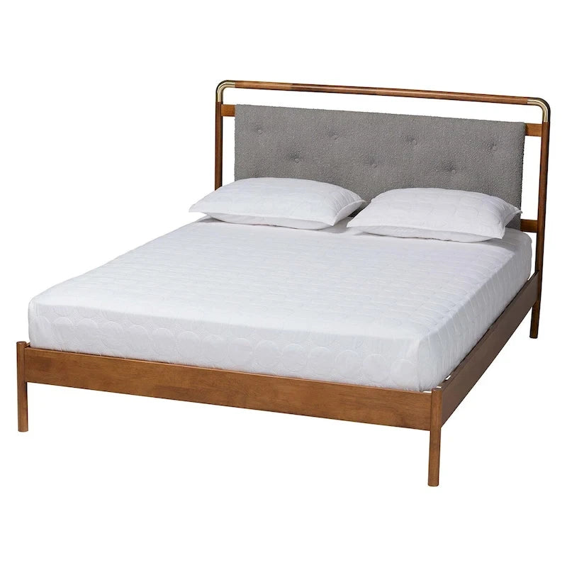 Mid-Century Light Grey Boucle Fabric and Walnut Brown Wood Queen Size Platform Bed