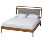 Mid-Century Light Grey Boucle Fabric and Walnut Brown Wood Queen Size Platform Bed