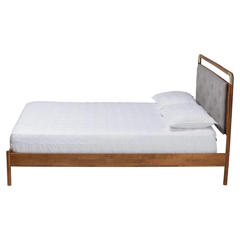 Mid-Century Light Grey Boucle Fabric and Walnut Brown Wood Queen Size Platform Bed