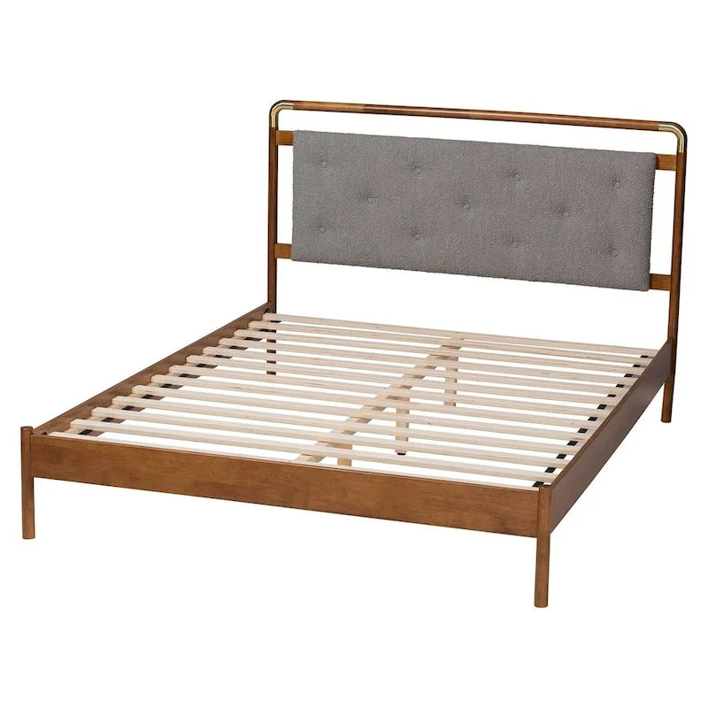 Mid-Century Light Grey Boucle Fabric and Walnut Brown Wood Queen Size Platform Bed