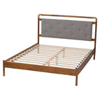 Mid-Century Light Grey Boucle Fabric and Walnut Brown Wood Queen Size Platform Bed