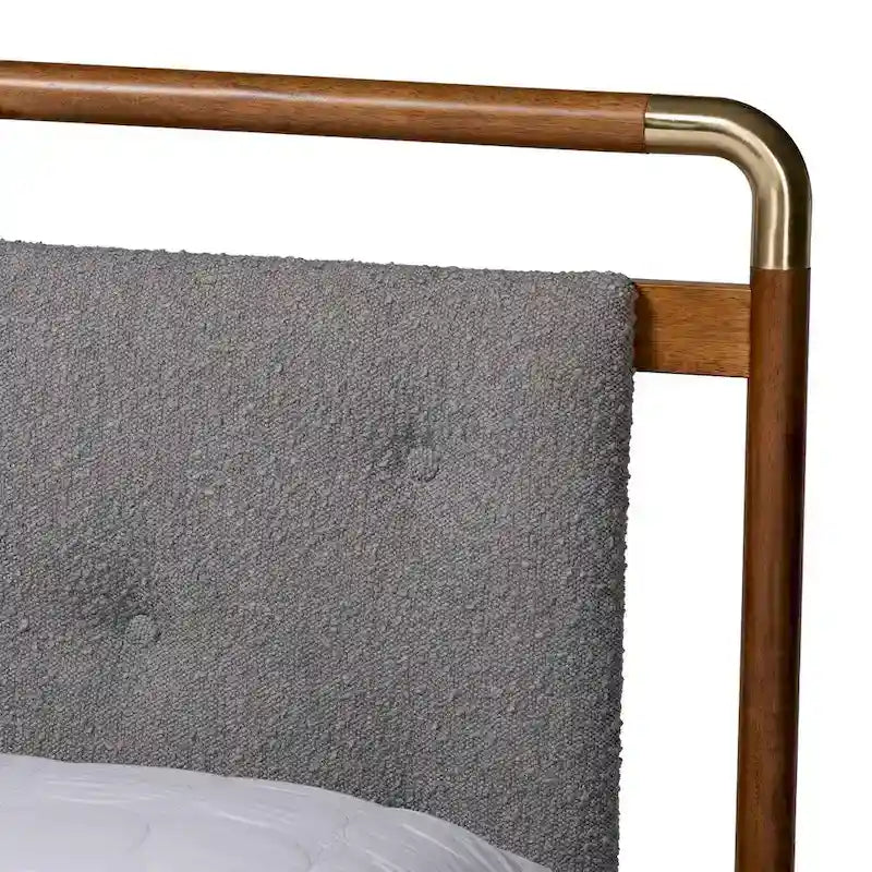 Mid-Century Light Grey Boucle Fabric and Walnut Brown Wood Queen Size Platform Bed