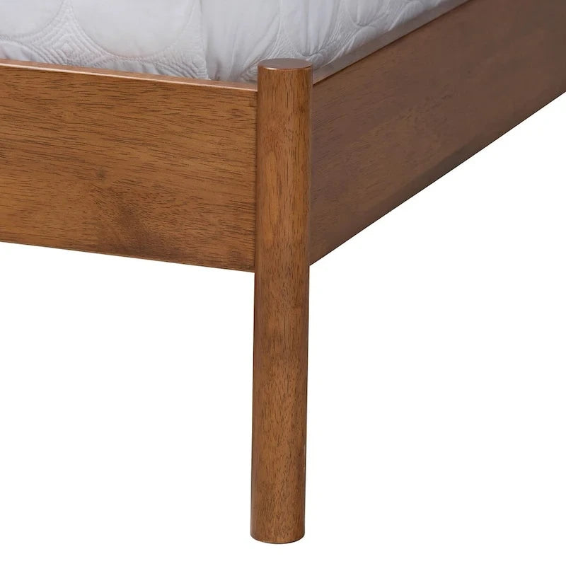 Mid-Century Light Grey Boucle Fabric and Walnut Brown Wood Queen Size Platform Bed