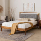 Mid-Century Light Grey Boucle Fabric and Walnut Brown Wood Queen Size Platform Bed