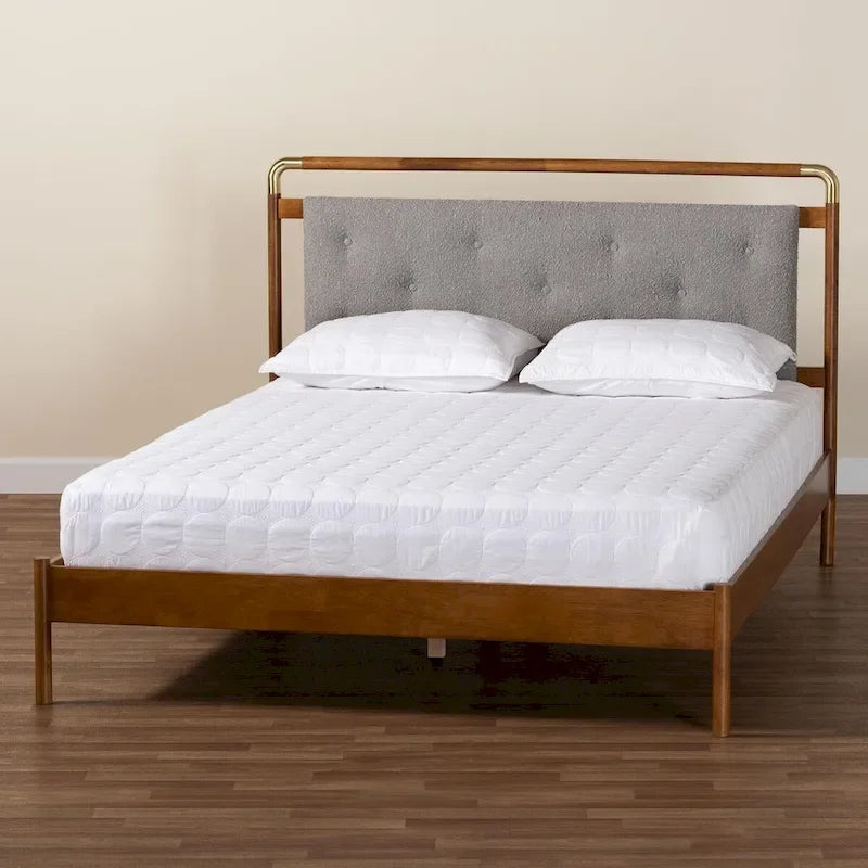 Mid-Century Light Grey Boucle Fabric and Walnut Brown Wood Queen Size Platform Bed