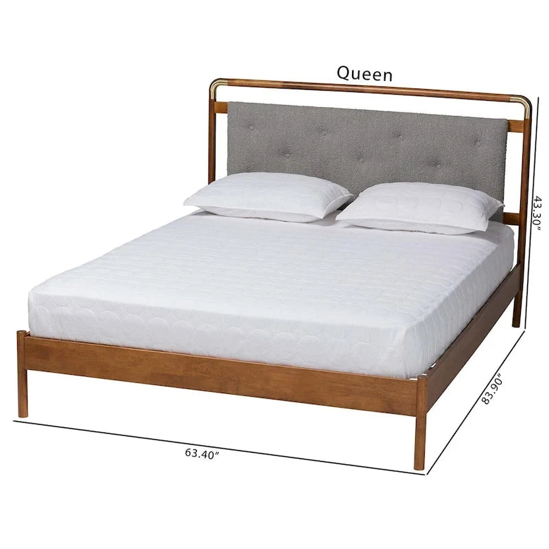 Mid-Century Light Grey Boucle Fabric and Walnut Brown Wood Queen Size Platform Bed