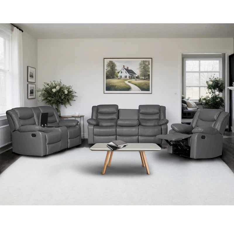 Faux Leather Manual Reclining Livingroom Sofa with Dropdown Table and Console