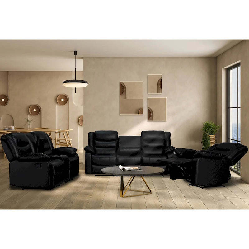 Faux Leather Manual Reclining Livingroom Sofa with Dropdown Table and Console