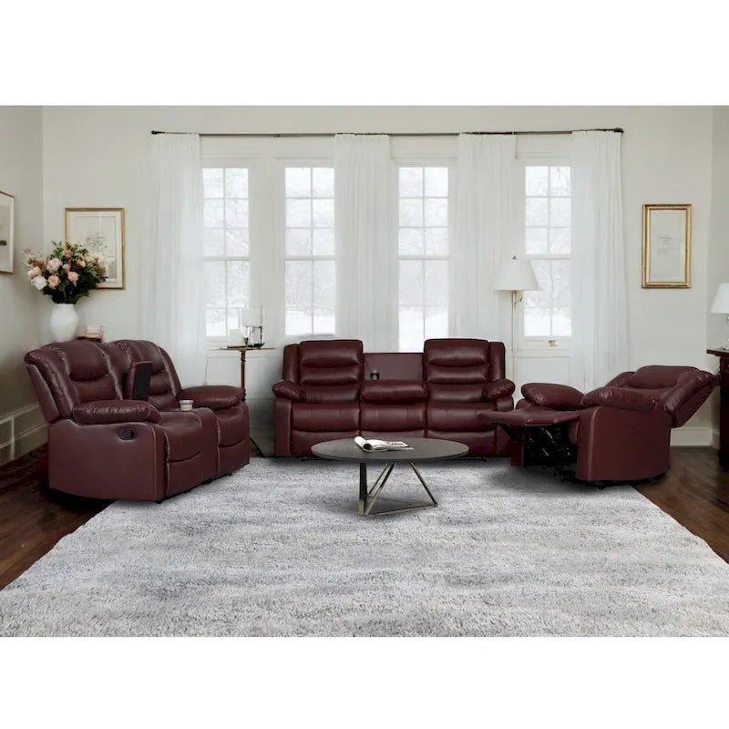 Faux Leather Manual Reclining Livingroom Sofa with Dropdown Table and Console