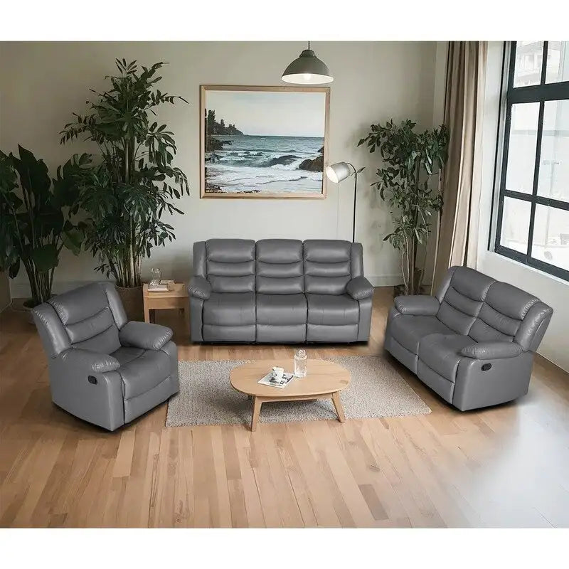 Faux Leather Manual Reclining Livingroom Sofa with Dropdown Table and Console