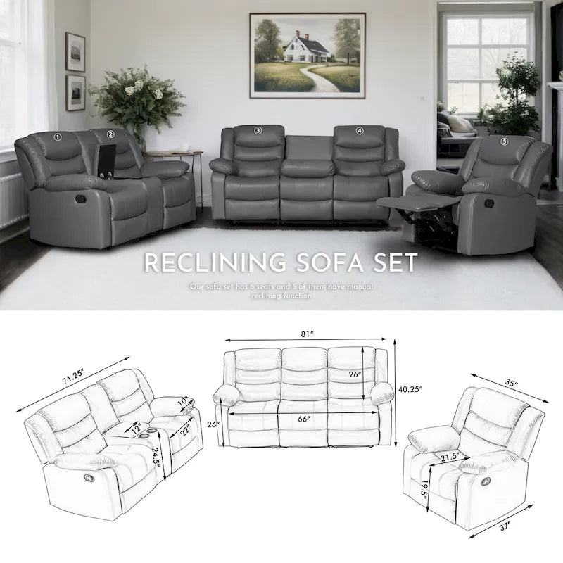 Faux Leather Manual Reclining Livingroom Sofa with Dropdown Table and Console