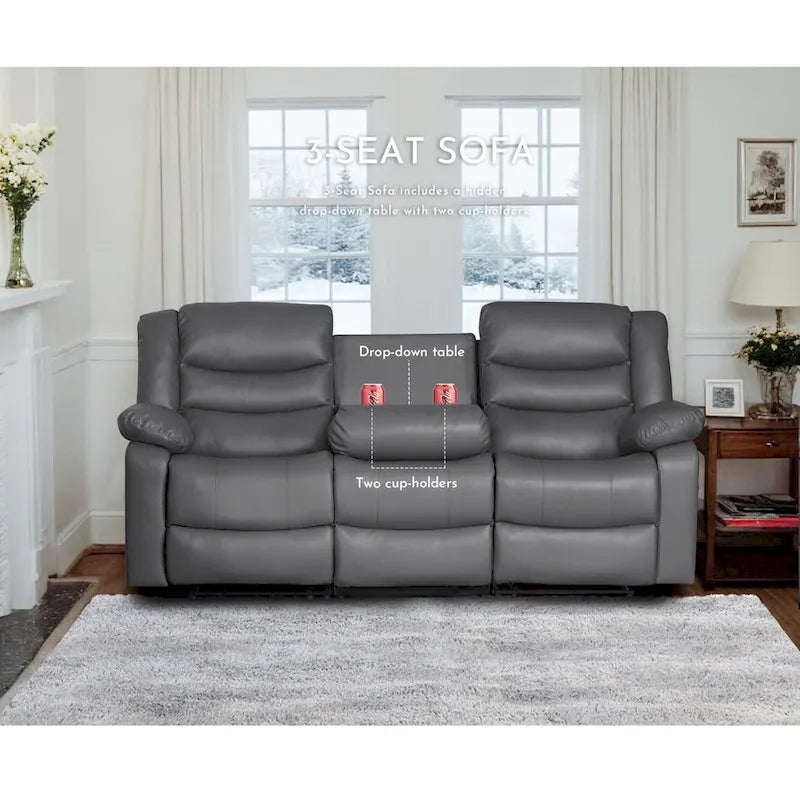 Faux Leather Manual Reclining Livingroom Sofa with Dropdown Table and Console