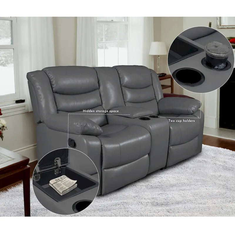 Faux Leather Manual Reclining Livingroom Sofa with Dropdown Table and Console